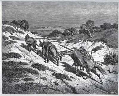 Sancho Panza, Don Quichotte et leurs montures après leur défaite contre les Yangues - de « Don Quichotte de la Manche » par Miguel Cervantes (1547-1616) - Gravure sur bois d