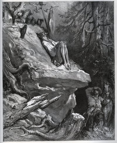Sancho Panza retrouve son maître, toujours en pénitence - de "Don Quichotte de la Manche" par Miguel Cervantes - Gravure sur bois d