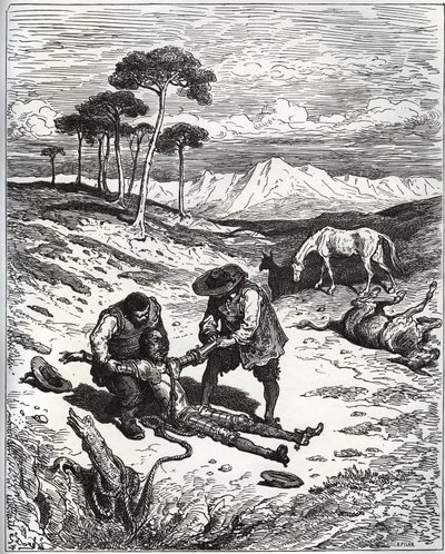 Sancho et le cousin tirent Don Quichotte (endormi) de la grotte de Montesinos - de « Don Quichotte de la Manche » par Miguel Cervantes (1547-1616) - Gravure sur bois d