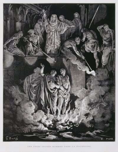 Shadrach, Meshach et Abednego dans la fournaise ardente, Illustration de la Bible de Doré - Gustave Dore