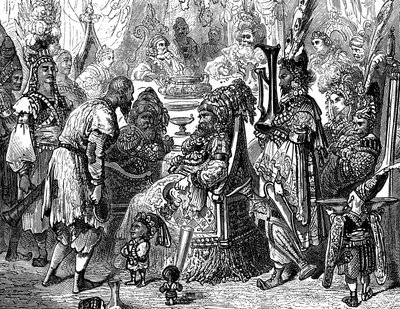 Sindbad le marin - conte des mille et une nuits - illustration de Gustave Doré (détail) - édition Maxwell 1865 - Prologue : un pauvre porteur (Hinbad) se présente devant Sindbad, devenu vieux et riche. Ce dernier va lui raconter... - Gustave Dore