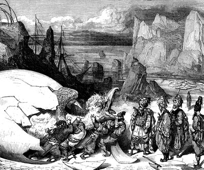 Sindbad le marin - conte des mille et une nuits - illustration de Gustave Doré (détail) - Édition Maxwell 1865 - Cinquième voyage : les marchands accompagnant Sindbad brisent la coquille d