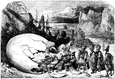 Sindbad le marin - conte des mille et une nuits - illustration par Gustave Doré - édition Maxwell 1865 - Cinquième voyage : les marchands accompagnant Sindbad brisent la coquille d