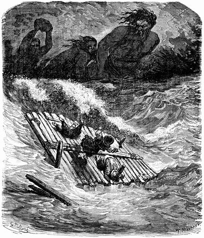Sindbad le marin (Sinbad) - conte des mille et une (1001) nuits - illustration de Gustave Doré - édition Maxwell 1865 - Troisième voyage : Sindbad et ses compagnons ayant pris la mer à bord d