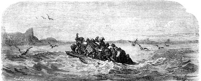 Sindbad le marin - conte des mille et une nuits - illustration de Gustave Doré - édition Maxwell 1865 - Troisième voyage : Sindbad et ses compagnons naviguent à bord d