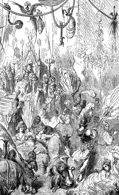 Sindbad le marin - conte des mille et une nuits - illustration de Gustave Doré - édition Maxwell 1865 - Sixième voyage - cette gravure peut représenter la cour du roi de Serendib ou celle du calife Haroun al-Rachid - Gustave Dore