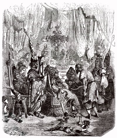 Sindbad le marin - conte des mille et une nuits - illustration de Gustave Doré - édition Maxwell 1865 - Prologue : un pauvre porteur (Hinbad) se présente devant Sindbad, devenu vieux et riche. Ce dernier racontera ses aventures - Gustave Dore