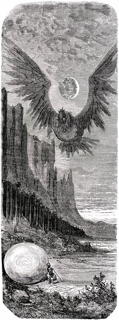 Sindbad le marin - conte des mille et une nuits - illustration de Gustave Doré - édition Maxwell 1865 - Deuxième voyage : Sindbad ayant découvert sur une île un énorme œuf de l