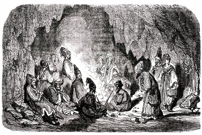 Sindbad le marin - conte des mille et une nuits - illustration de Gustave Doré - édition Maxwell 1865 - Premier voyage : Sindbad, abandonné au milieu de la mer par ses compagnons, atteint une île et rencontre dans une grotte le palefrenier - Gustave Dore