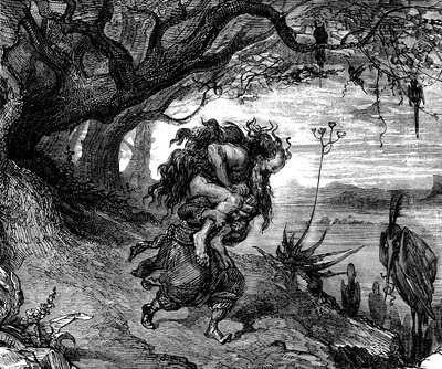 Sindbad le marin - conte des mille et une nuits - illustration de Gustave Doré (détail) - édition Maxwell 1865 - Cinquième voyage : Sindbad est contraint de porter sur son épaule un vieil homme qui s
