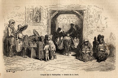 Croquis pris sur le vif : mendiants à Valpadenas (Canal). Gravure pour illustrer le voyage en Espagne par Gustave Doré (1832-1883) illustrateur et le Baron Ch. Davillier rédacteur, en 1862, publié dans « Le tour du monde, nouveau journal des voyages » - Gustave Dore