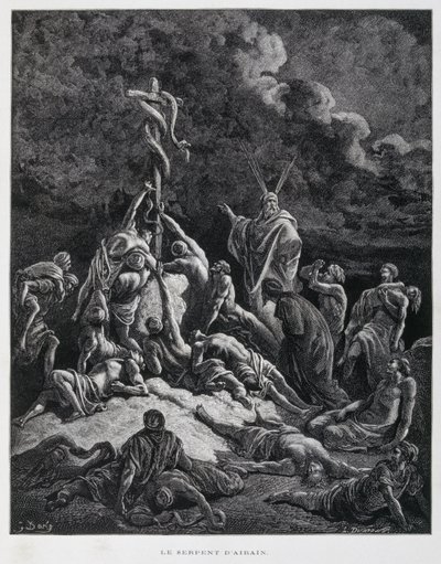 Alors Moïse fit un serpent de bronze et le mit sur un poteau. Nombres 21:7, Illustration de la Bible de Doré - Gustave Dore