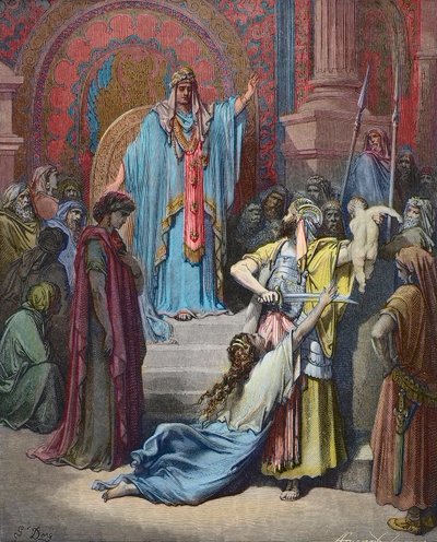 Le jugement de Salomon - Salomon rend le jugement de partager le bébé entre les deux réclamantes - Gravure de Gustave Doré (1832-1883) - coloration ultérieure - Gustave Dore