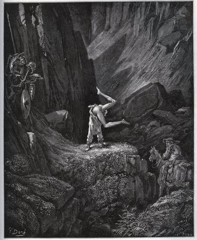 La pénitence acrobatique de Don Quichotte dans la Sierra Morena - de "Don Quichotte de la Manche" par Miguel Cervantes - Gravure sur bois d