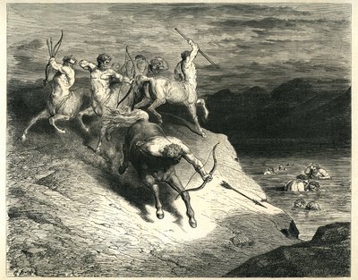 Les Centaures lancent des flèches contre les damnés sortant des marais du Styx. Gravure de L