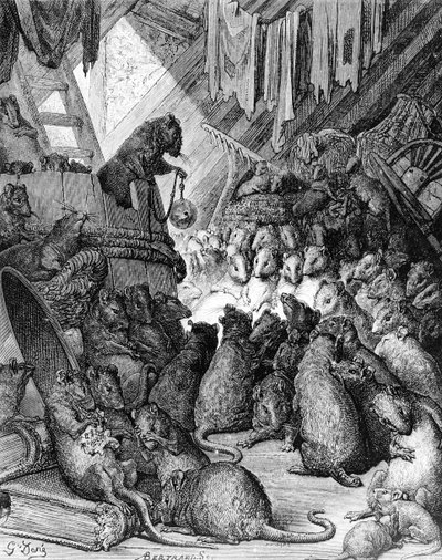 Le Conseil tenu par les rats, des Fables de La Fontaine, gravé par Antoine Valérie Bertrand (né en 1823) vers 1868 - Gustave Dore