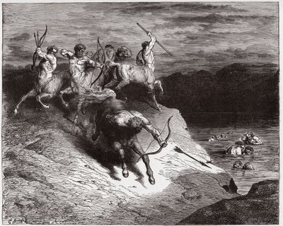 La Divine Comédie, Inferno, Chant 12 : Les centaures attaquent les âmes dans le sang bouillant - par Dante Alighieri (1265-1321) - Illustration par Gustave Doré (1832-1883) - Gustave Dore