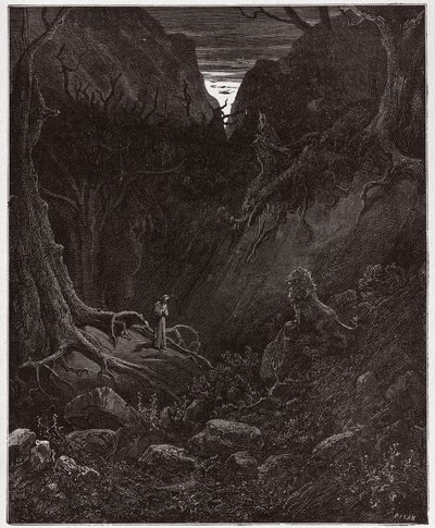 La Divine Comédie, Enfer, Chant 1: Le lion confronte soudainement Dante - Illustration de Gustave Doré - Gustave Dore