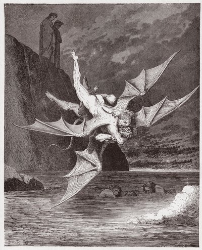 La Divine Comédie, Enfer, Chant 22: Alichino et Calcabrina se battent au-dessus du poix - Illustration de Gustave Doré - Gustave Dore