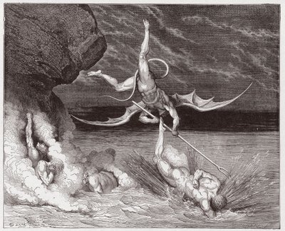 La Divine Comédie, Enfer, Chant 22: Ciampolo échappe au démon Alichino dans la cinquième bolgia - Illustration de Gustave Doré - Gustave Dore
