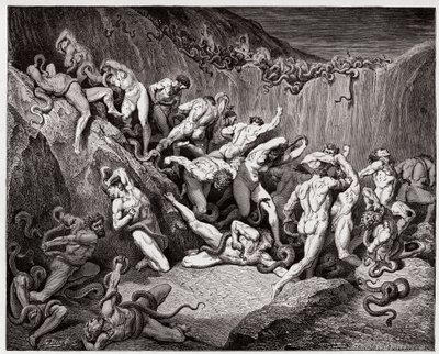 La Divine Comédie, Inferno, Chant 24 : Les voleurs tourmentés par des serpents - par Dante Alighieri (1265-1321) - Illustration de Gustave Doré (1832-1883). - Gustave Dore