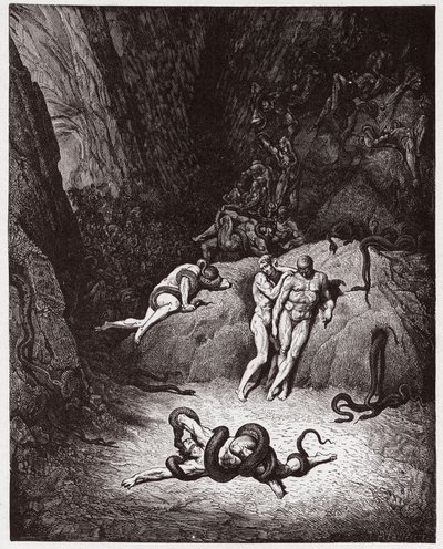 La Divine Comédie, Inferno, Chant 25 : Agnello se transformant en serpent - par Dante Alighieri (1265-1321) - Illustration de Gustave Doré (1832-1883). - Gustave Dore