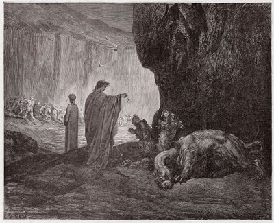 La Divine Comédie, Enfer, Chant 6 : Virgile nourrit Cerbère dans le troisième cercle (Illustration de Gustave Doré) - Gustave Dore