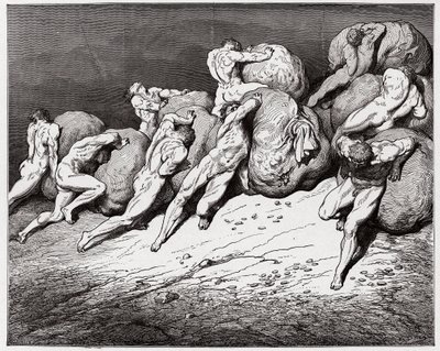 La Divine Comédie, Enfer, Chant 7 : Les âmes des avares et des prodigues forcées de rouler des pierres lourdes (Illustration de Gustave Doré) - Gustave Dore