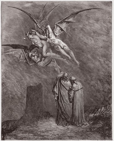 La Divine Comédie, Enfer, Chant 9 : Les hideuses Érinyes : Mégère, Tisiphone, Alecto - par Dante Alighieri - Illustration par Gustave Doré - Gustave Dore