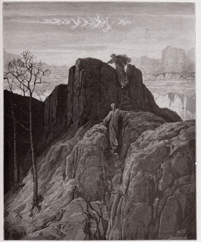La Divine Comédie, Purgatorio, Chant 4 : Virgile guide Dante sur le flanc escarpé de la montagne - par Dante Alighieri (1265-1321) - Illustration de Gustave Doré (1832-1883). - Gustave Dore
