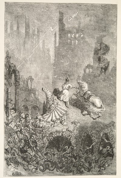 La Chute du Château du Roi Pellam, des Histoires des Jours du Roi Arthur par Charles Henry Hanson, pub.1898 - Gustave Dore