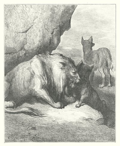 Les Fables de La Fontaine : Le Lion, le Loup et le Renard (gravure) - Gustave Dore