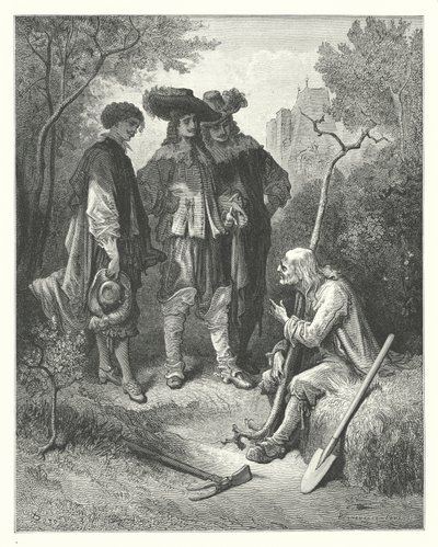 Les Fables de La Fontaine : Le vieil homme et les trois jeunes hommes (gravure) - Gustave Dore
