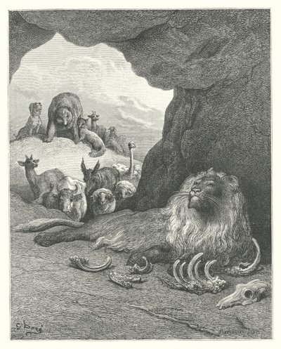 Les Fables de La Fontaine : Le Lion malade et le Renard (gravure) - Gustave Dore
