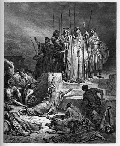 La famine à Samarie - Ancien Testament : Siège de Samarie. Le roi de Syrie assiège la ville de Samarie et la réduit à une famine épouvantable - gravure dans "La Bible illustrée" par Gustave Doré (1832-1883) - Gravure de "La Bible de Doré" - Gustave Dore
