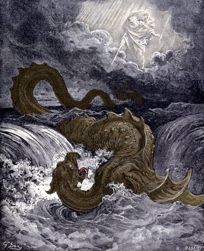 Le Léviathan, monstre marin ressemblant au serpent de mer mentionné dans la Bible. Illustrations de la Bible par Gustave Doré. Gravure du 19ème siècle. - Gustave Dore