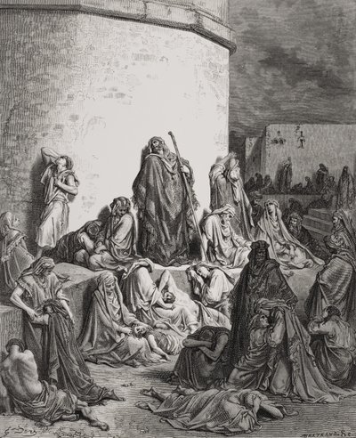 Le peuple pleurant sur les ruines de Jérusalem, Lamentations 1:1-2 illustration de la 