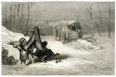 Le brigand Agostin est attaqué par un loup, près du cheval mort encore attaché à la charrette abandonnée par les comédiens, ou cache la petite Chiquita. Gravure de Gustave Doré illustrant le roman de Théophile Gautier « Le capitaine Fracasse », édition Cha - Gustave Dore