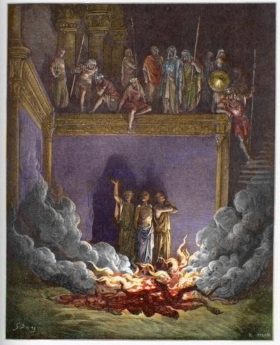 La fournaise ardente (les trois enfants de Babylone, les trois jeunes Hébreux ou les trois jeunes hommes) Ananias, Azarias et Misael précipités dans une fournaise ardente parce qu