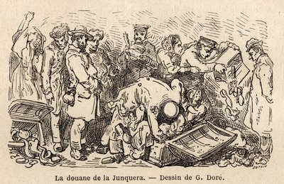 Les coutumes de la Junquera (ville située entre la Catalogne et la province de Gérone), dessin de Gustave Doré (1832-1883), pour illustrer son voyage en Espagne, avec C. Davillier, en 1862. Gravure dans "Le tour du monde", édité par Edouard Charton - Gustave Dore