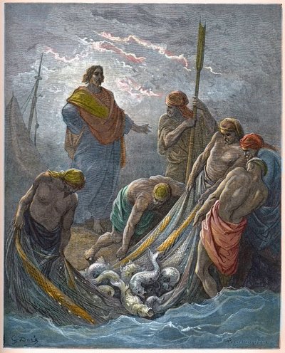 La pêche miraculeuse - gravure dans « La Bible illustrée » par Gustave Doré (1832-1883) - Gravure de « La Bible de Doré » - Gustave Dore