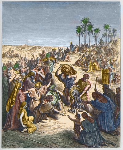 La multiplication des pains - Le Christ nourrissant la multitude (Abondance Pain Christianisme Foule Gravure Poisson) - gravure dans "La Bible illustrée" par Gustave Doré (1832-1883) - Gravure de "La Bible de Doré". - Gustave Dore