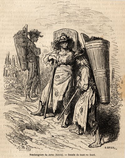 Les cueilleurs de Xérès. Dessin de Gustave Doré (1832-1883), pour illustrer son voyage en Espagne en 1862, avec Ch. Davillier. Gravure dans « Le tour du monde », édité par Édouard Charton - Gustave Dore