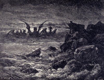 Le prophète Daniel voit apparaître des monstres : Haniel, Kafziel, Azriel, Aniel. Gravure de la Bible illustrée par Gustave Doré. 19e siècle - Gustave Dore