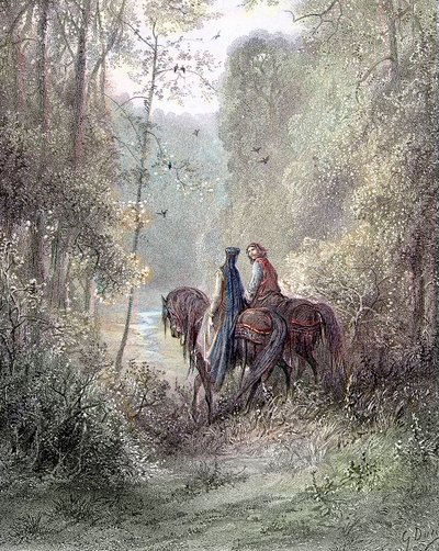 Ils se perdirent sous des bosquets qui semblaient être un paradis de fleurs (Guenièvre et Lancelot) - dans "Guenièvre" par Alfred Tennyson, ill. par Gustave Doré Paris, Librairie Hachette et Cie - Gustave Dore