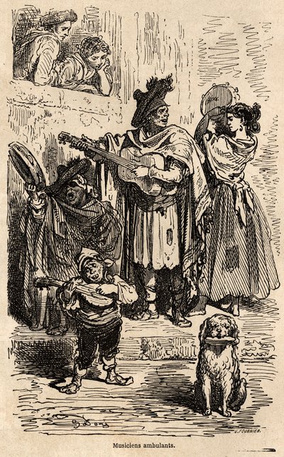 Musiciens ambulants à Valence, dessin par Gustave Doré (1832-1883), pour illustrer son voyage en Espagne avec C. Davillier, en 1862. Gravure dans « Le tour du monde », édité par Edouard Charton - Gustave Dore
