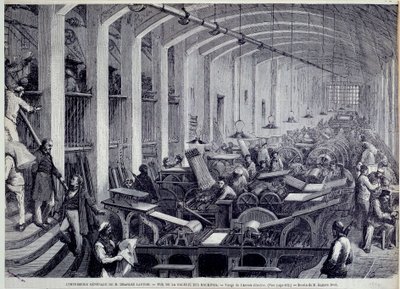 Vue de la galerie des machines à imprimer par Charles Lahure. Gravure de Gustave Doré (1832-1883) de "L