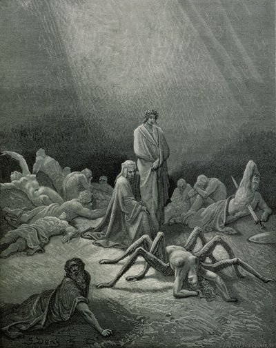 Virgile (70-19 av. J.-C.) et Dante regardant la femme araignée, illustration de 