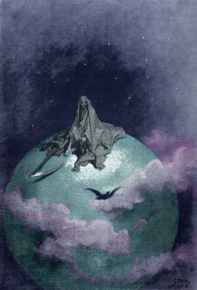 Vision de la mort assise sur le globe avec sa faux. Illustration de Gustave Doré - Gustave Dore