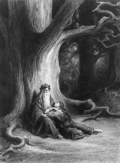 Le magicien Merlin et la fée Vivien dans la forêt de Brocéliande. D